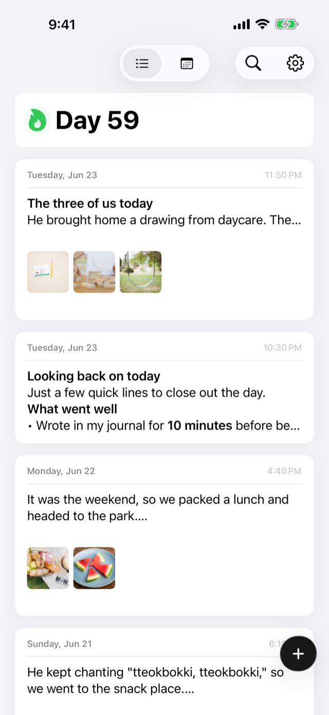 Writeblock home: a 59-day writing streak with daily journal entries and photos