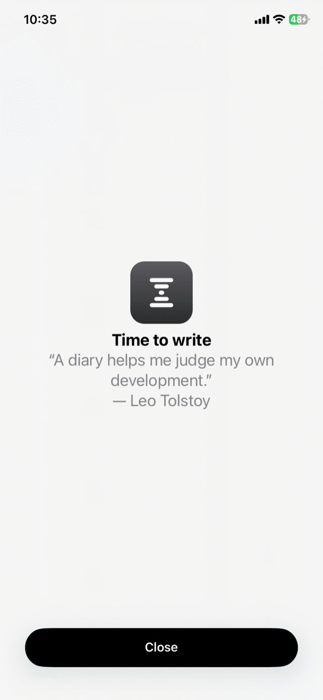 Writeblock lock screen: 'Time to write' with a quote and a Close button while your apps stay blocked